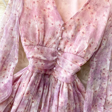 Chiffon Floral V-neck Puff Sleeve Printed Dress