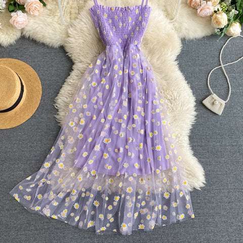 Off-the-shoulder Mesh Embroidered Chrysanthemum Dress