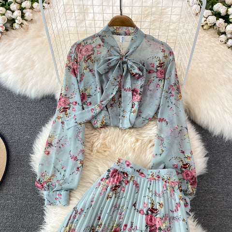 Two-piece Bow Tie Floral Chiffon Shirt And Skirt