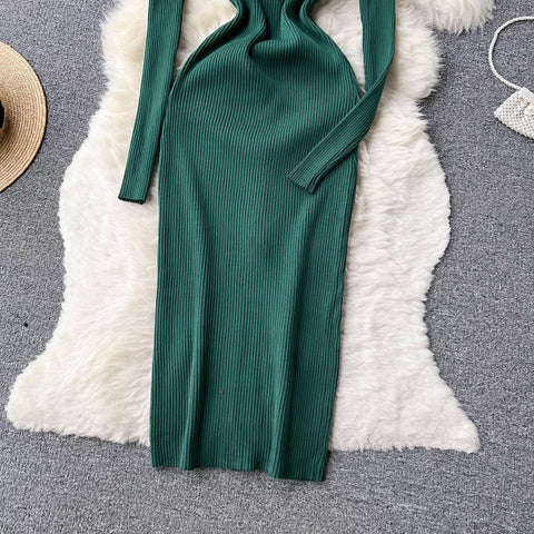 Elegant V-neck Long Sleeve Knitted Dress