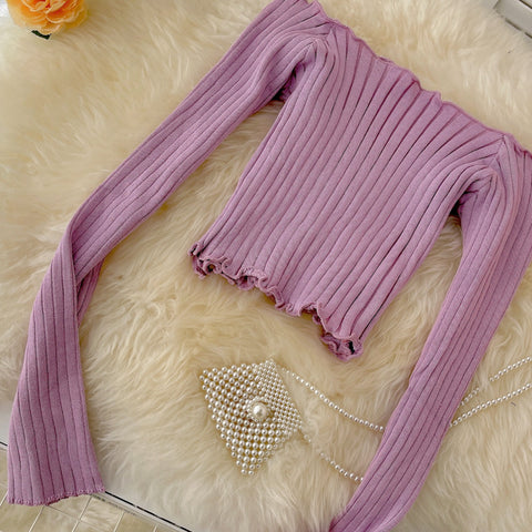 Strapless Navel Knit Long Sleeve T-shirt