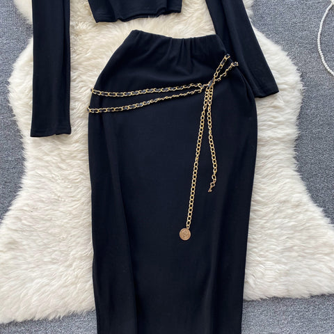 Chain Decorated Black Knit Top&Skirt 2PCs Set