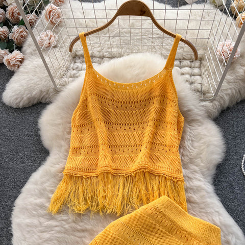 Tassel Camisole&Hip-wrapping Skirt 2Pcs