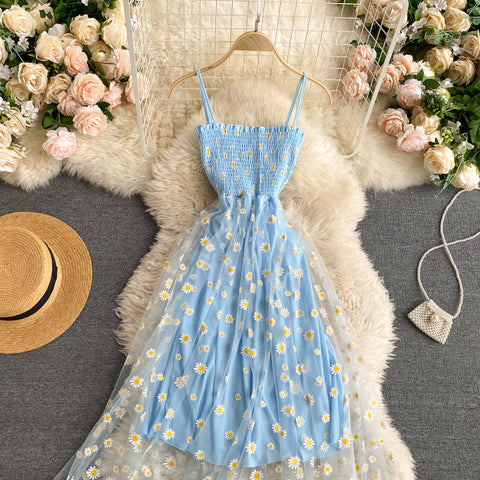 Off-the-shoulder Mesh Embroidered Chrysanthemum Dress