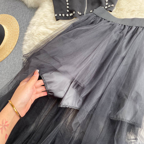 Studded Vest&Mesh Skirt 2Pcs Set