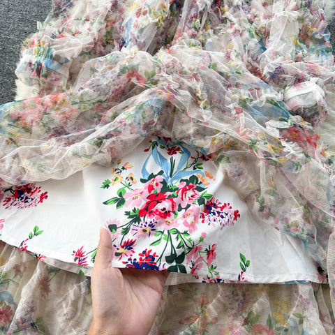 Floral Printed Hollowed Mesh Dress
