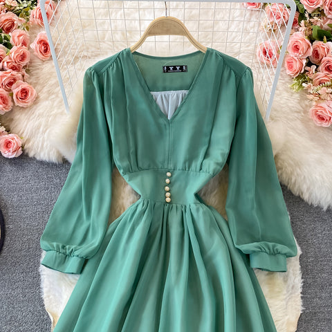 Puff Sleeve High Waist V Neck Chiffon Dress