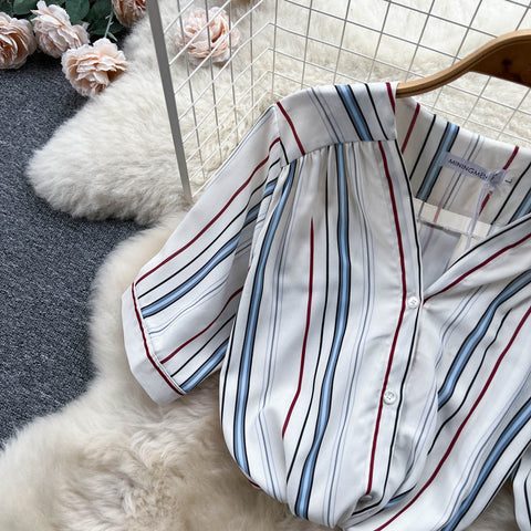 Short-sleeved Shirt&High-waist Skirt Striped 2Pcs