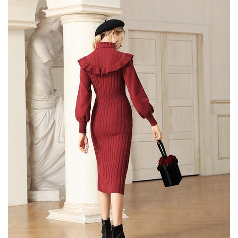 Knitted Ruffled Slim Fit Dress