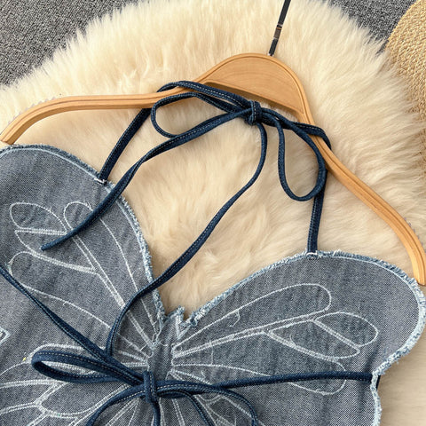 3D Butterfly Strapped Backless Top