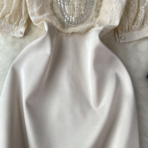 Elegant Lace Patchwork Beaded Dress