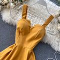 V-neck Halter Retro Solid Color Waist Dress