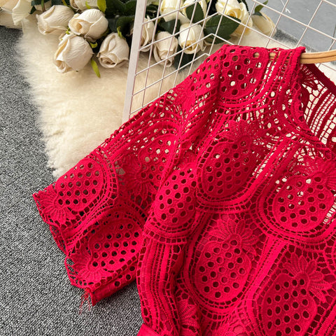 Crochet Lace Hollowed Long-sleeve Dress