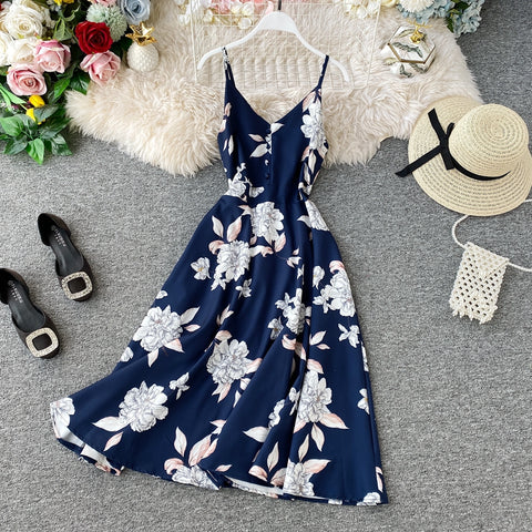 Printed V-neck Strap Beach Dress