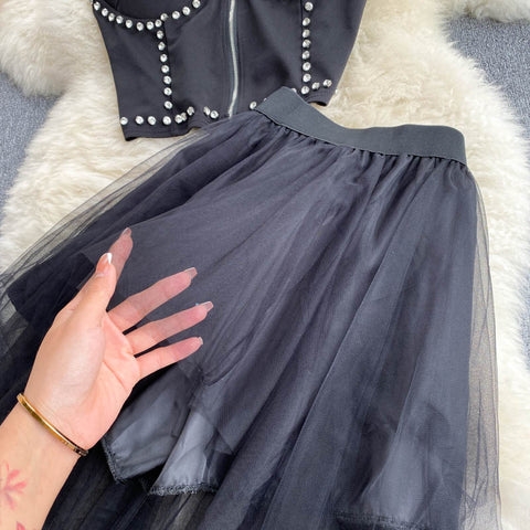 Studded Vest&Mesh Skirt 2Pcs Set