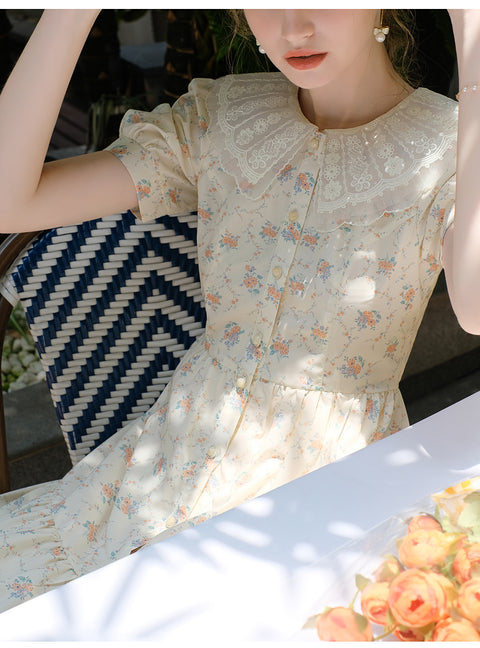 Lace Doll-collar Floral Dress