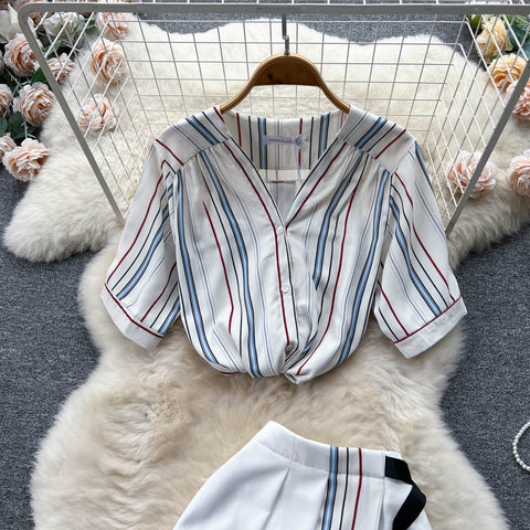 Short-sleeved Shirt&High-waist Skirt Striped 2Pcs