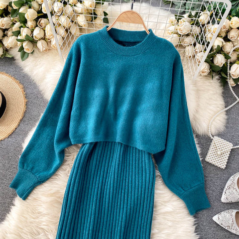 Two-piece Knitted Top And High Waist Waistcoat Skirt