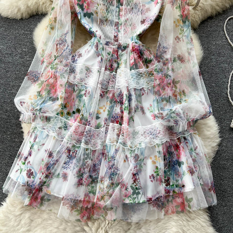 Sweet Floral Printed Lace Dress