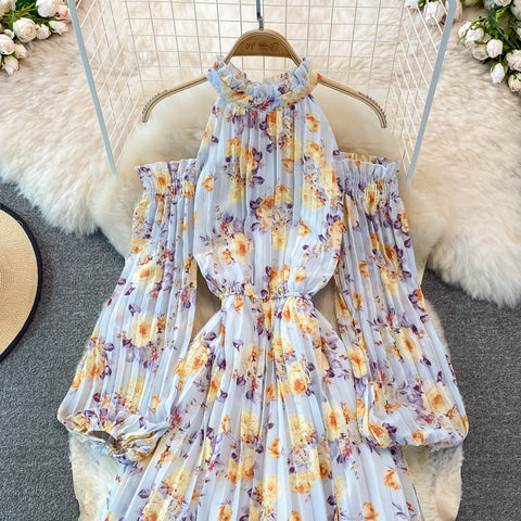 Puff-sleeve Halterneck Off-the-shoulder Floral Dress