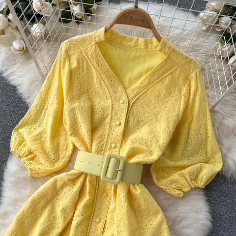 Frock With Hollow V-neck And Bubble Sleeves