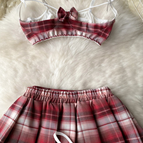 Plaid Crossover Tank Top&Pleated Skirt Set