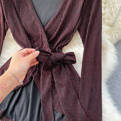 Pit-striped Lace-up Cardigan&Trousers 2Pcs