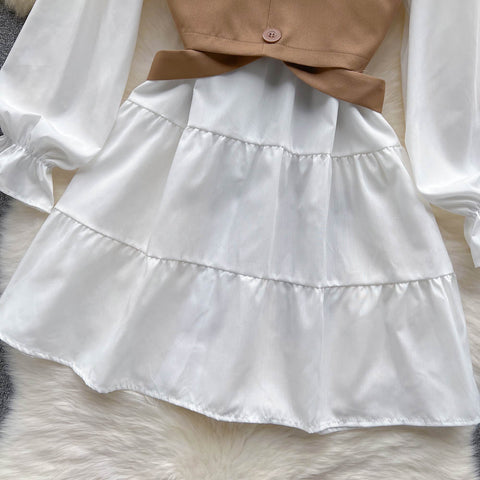Korean Style White Dress&Waistcoat 2Pcs