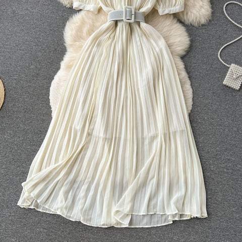 High Waist Tied Chiffon Pleated Dress