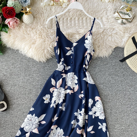 Printed V-neck Strap Beach Dress