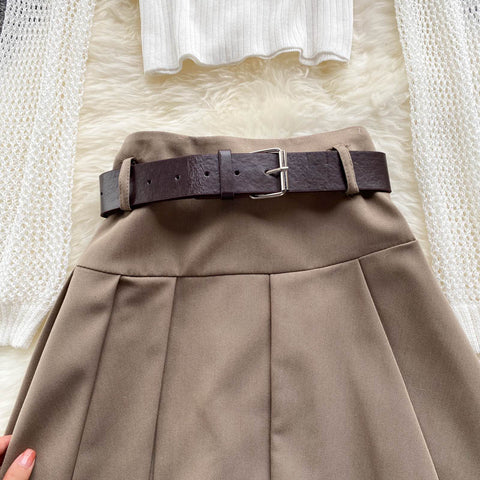 Strap Top + Long-sleeved Knitted Blouse Skirt