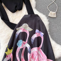 Black Knitwear&Printed Skirt 2Pcs Set