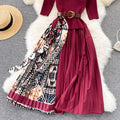 Knitted Fake Two-piece Stitching Pleated Print Dress