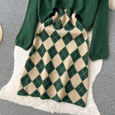 Cardigan&Rhombus Slip Dress Knitted 2Pcs