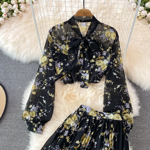 Two-piece Bow Tie Floral Chiffon Shirt And Skirt