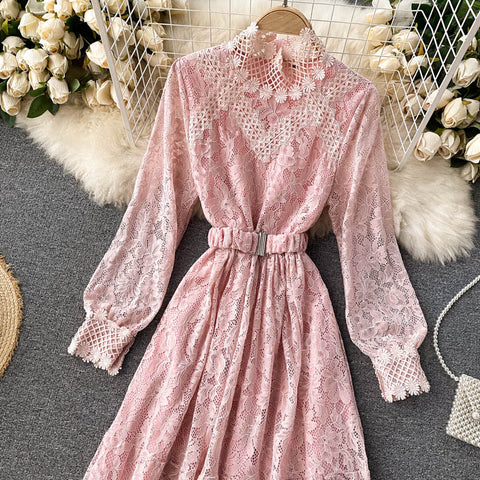 Fairy Hollowed Lace Stand Collar Dress