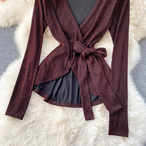 Pit-striped Lace-up Cardigan&Trousers 2Pcs