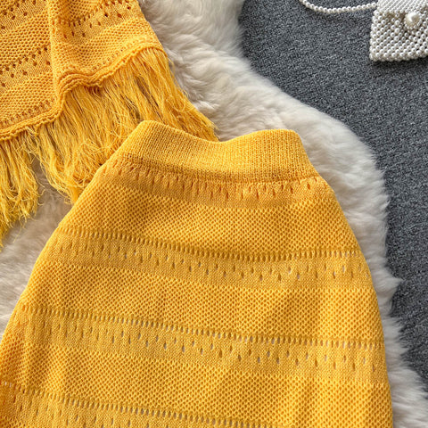 Tassel Camisole&Hip-wrapping Skirt 2Pcs