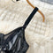 Lace Stitching PU Leather High-cut Black Jumpsuit