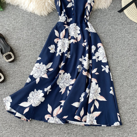 Printed V-neck Strap Beach Dress