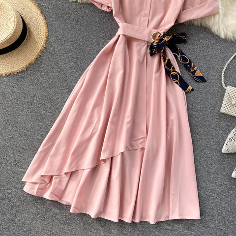 Irregular A-Line Belted Waist Dress