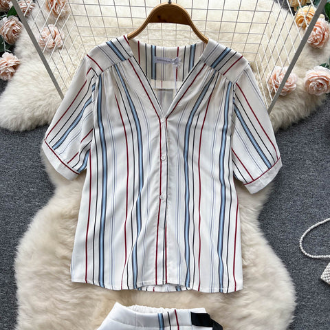Short-sleeved Shirt&High-waist Skirt Striped 2Pcs