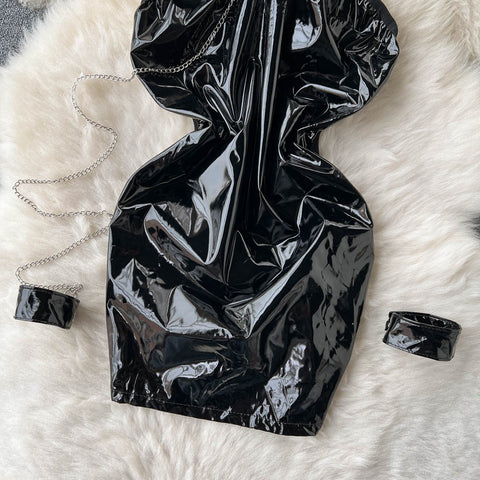 PU Leather Chain-decorated Black Dress
