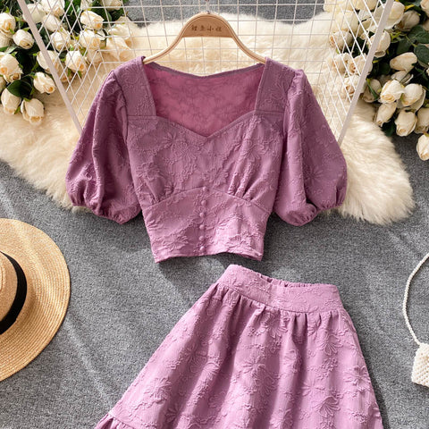 Two-piece Puff Sleeve Short Top And Skirt