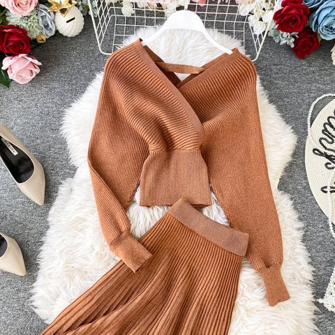 Two-piece Bright Silk Knitted Sweater + Skirt