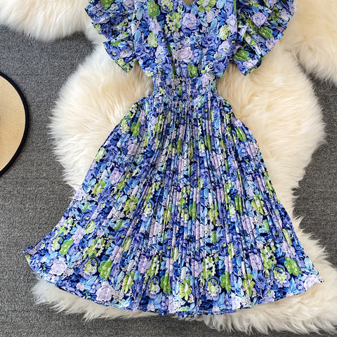 V-Neck Ruffle Sleeve Floral Pleated Dress