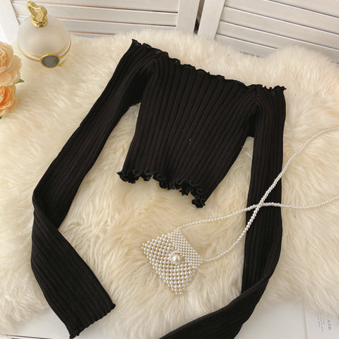 Strapless Navel Knit Long Sleeve T-shirt