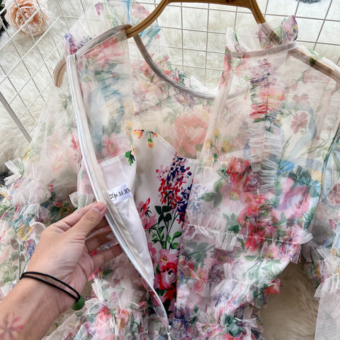 Floral Printed Hollowed Mesh Dress