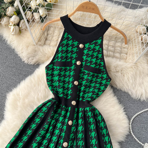 Houndstooth Single-Breasted Knitted Dress