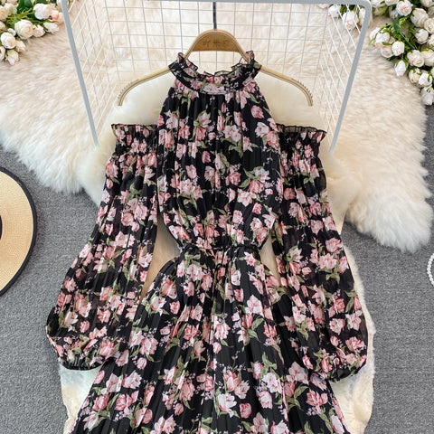 Puff-sleeve Halterneck Off-the-shoulder Floral Dress